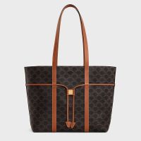 Celine Cabas Drawstring Bag in Triomphe Canvas and Calfskin Brown