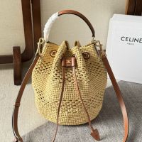 Celine Clara Bucket Bag in Raffia and Calfskin Brown