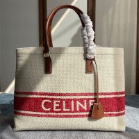 Celine Horizontal Cabas Bag in Striped Textile with Celine Print Beige/Red