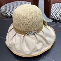 Celine Large Bow Sun Hat in Straw and Cotton with Celine Patch Beige