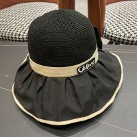 Celine Large Bow Sun Hat in Straw and Cotton with Celine Patch Black