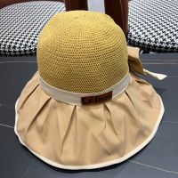 Celine Large Bow Sun Hat in Straw and Cotton with Celine Patch Yellow
