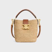 Celine Mini Louise Bucket Bag in Raffia and Calfskin Brown
