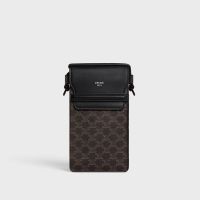 Celine Phone Pouch with Flap in Triomphe Canvas and Caflskin Black