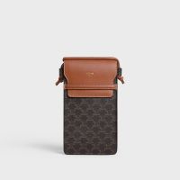 Celine Phone Pouch with Flap in Triomphe Canvas and Caflskin Brown