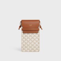 Celine Phone Pouch with Flap in Triomphe Canvas and Caflskin White