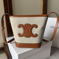 Celine Small Bucket Bag Cuir Triomphe in Striped Textile and Calfskin Beige/Brown