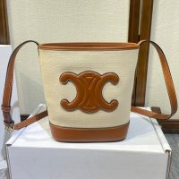Celine Small Bucket Bag Cuir Triomphe in Textile and Calfskin Beige/Brown