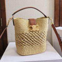 Celine Small Louise Bucket Bag in Raffia and Calfskin Brown