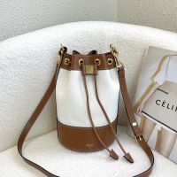 Celine Small Marin Drawstring Bucket Bag In Textile And Calfskin Beige/Brown