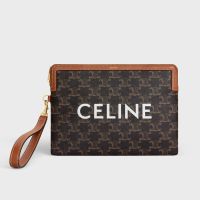 Celine Small Pouch with Strap in Triomphe Canvas with Celine Print Brown