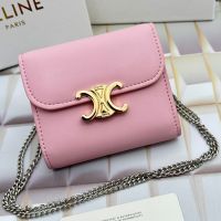 Celine Small Trifold Wallet Triomphe with Chain in Shiny Calfskin Pink