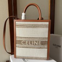 Celine Small Vertical Cabas Bag in Striped Textile with Celine Jacquard Beige