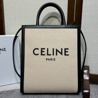 Celine Small Vertical Cabas Bag in Textile with Celine Paris Print Beige