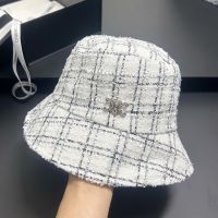 Celine Strass Triomphe Bucket Hat in Plaid Tweed White