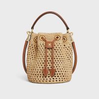 Celine Teen Clara Bucket Bag in Raffia and Calfskin Brown
