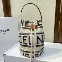 Celine Teen Drawstring Bucket Bag in Textile with Celine All-Over Beige/Black