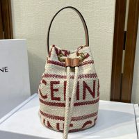 Celine Teen Drawstring Bucket Bag in Textile with Celine All-Over Beige/Red