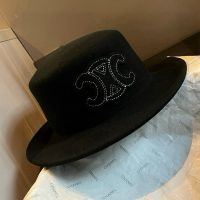 Celine Triomphe Flat Top Hats in Wool Black