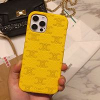 Celine Triomphe iPhone Case in Leather with Signature Print Yellow