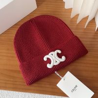 Celine Triomphe Knitted Hat in Wool Burgundy
