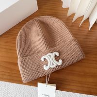 Celine Triomphe Knitted Hat in Wool Camel