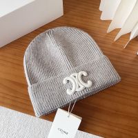 Celine Triomphe Knitted Hat in Wool Grey