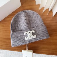 Celine Triomphe Knitted Hat in Wool Grey/White