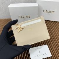 Celine Zipped Card Holder with Triomphe Charm In Shiny Calfskin Beige